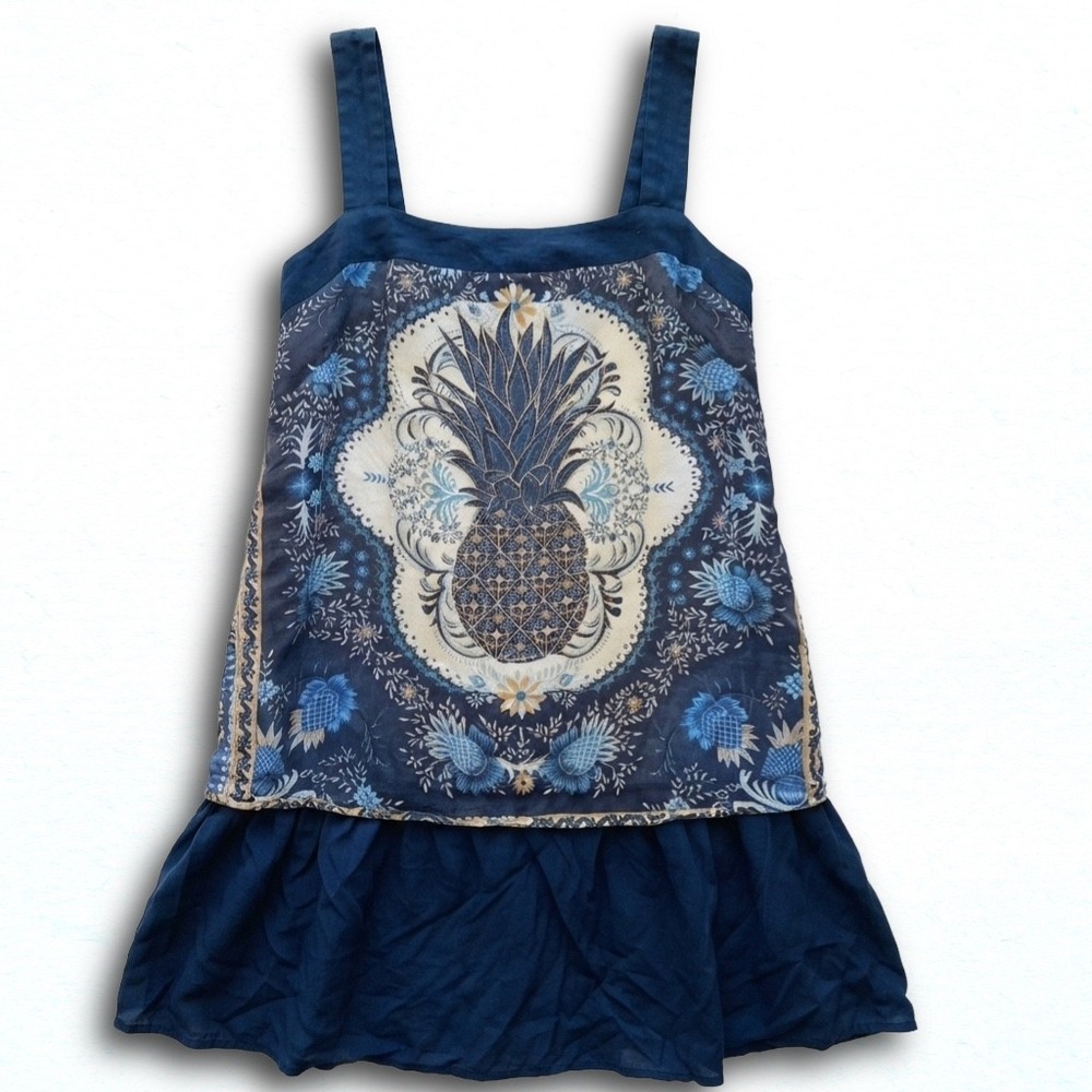 FLAWED Farm Rio Navy Blue Pineapple Print Ruffle Drop Waist Mini Dress P Small